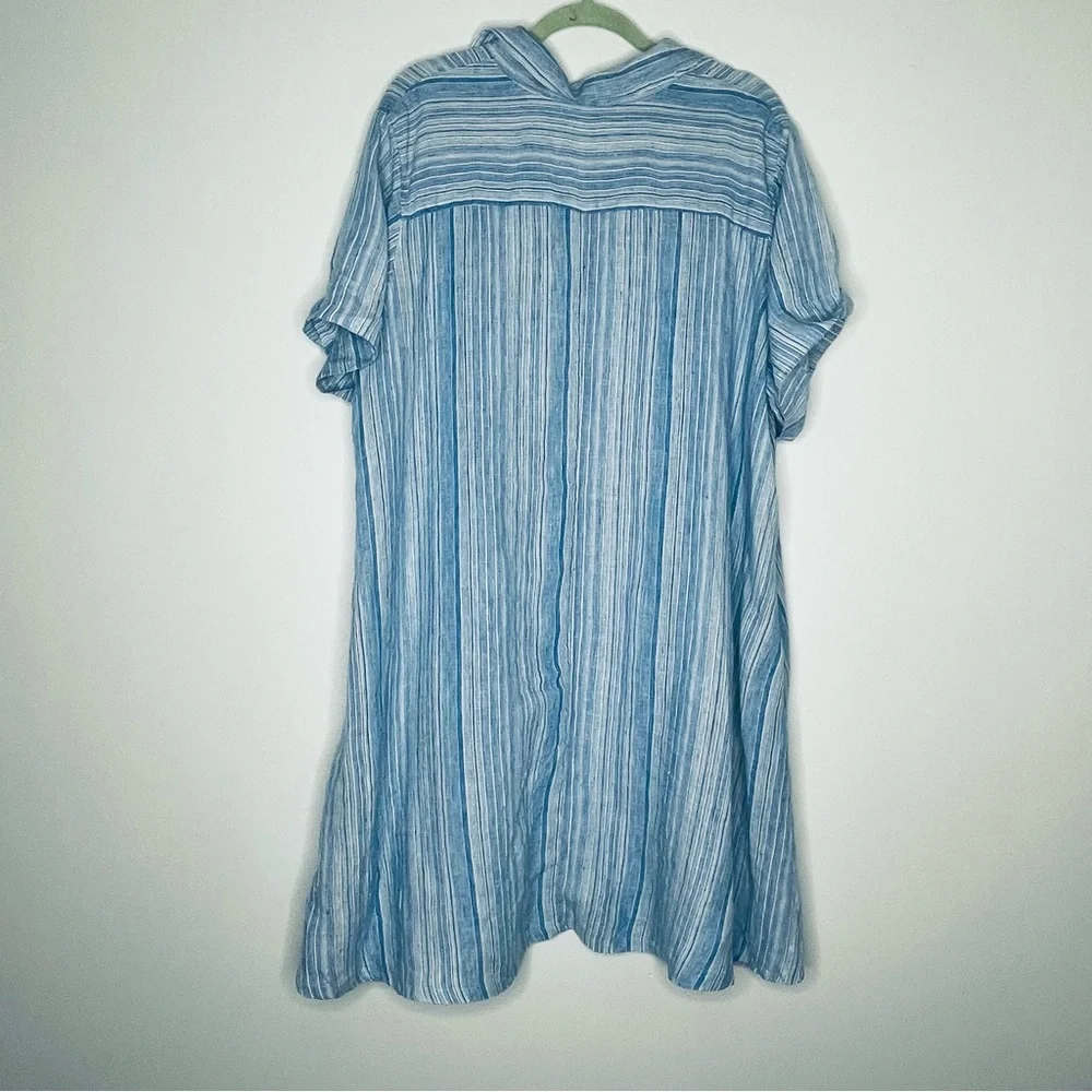 Tahari Plus 100% Linen Collar Shirt Dress Light Blue stripe button up 2X pockets - Picture 4 of 16